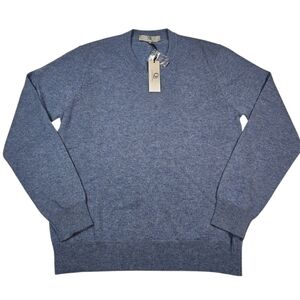 Qi New York Men's 100% Cashmere Blue Casual V-Neck Sweater Pullover, Size Medium